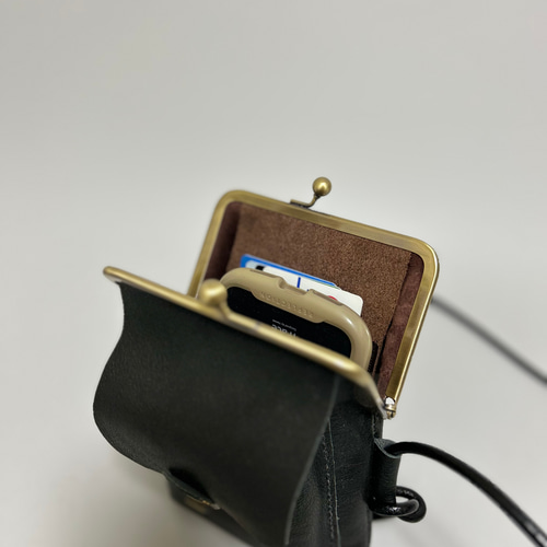 姫路レザーがま口スマホポシェット◇黒 Msize外ポッケ付き 姫路レザーがま口スマホポシェット◇黒 Msize外ポッケ付き
