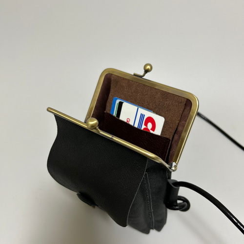 姫路レザーがま口スマホポシェット◇黒 Msize外ポッケ付き