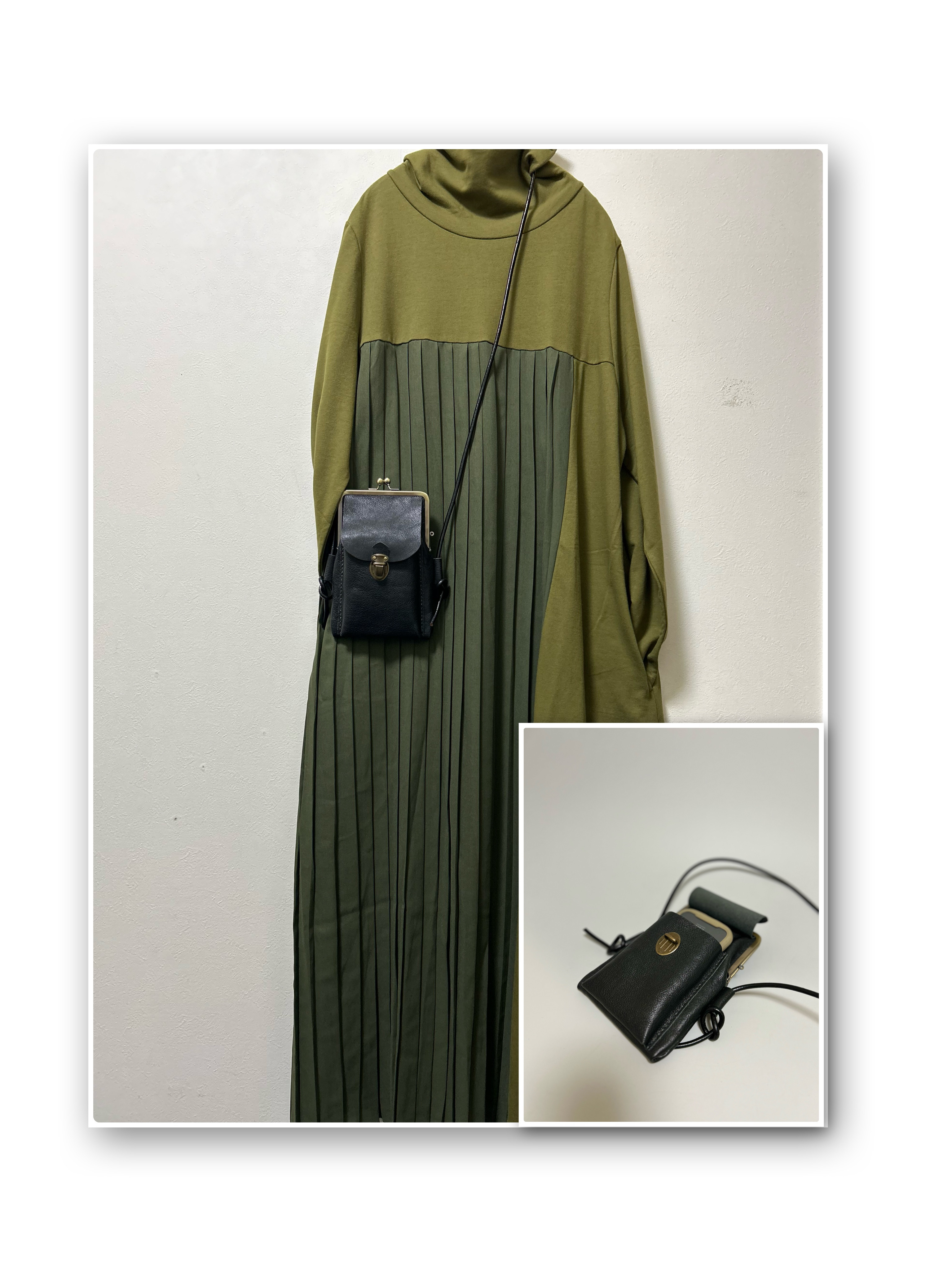 姫路レザーがま口スマホポシェット◆黒　Msize外ポッケ付き　サコッシュ　スマホショルダー　ショルダーバック　クリスマス