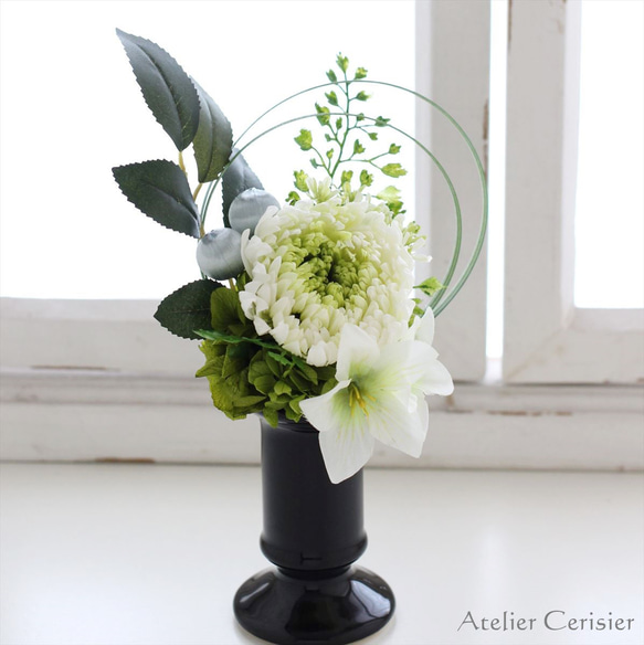 輪菊のお供え花（緑白菊 桔梗）仏花 Sサイズ プリザーブドフラワー 2枚目の画像