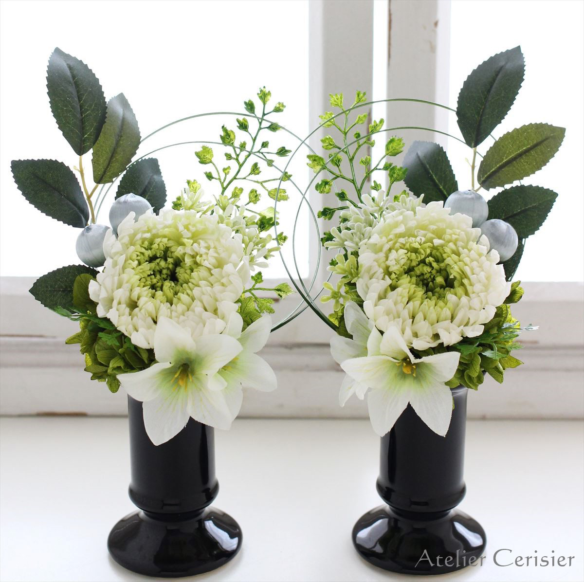 【特割】大輪菊のお供え花 一対（2個1セット）（緑白菊 桔梗）仏花 Sサイズ プリザーブドフラワー