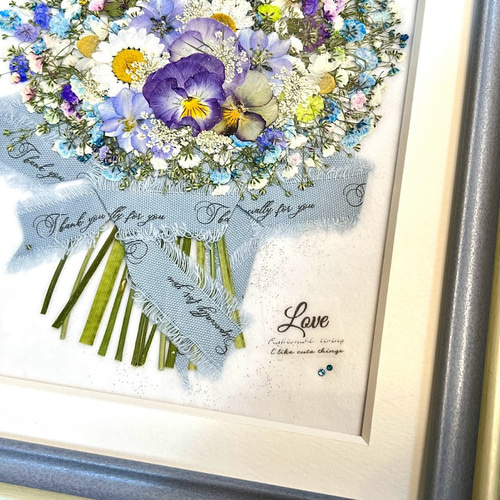 虹色 夢色 かすみ草の押し花アート額 水色タイプ 押し花額 その他
