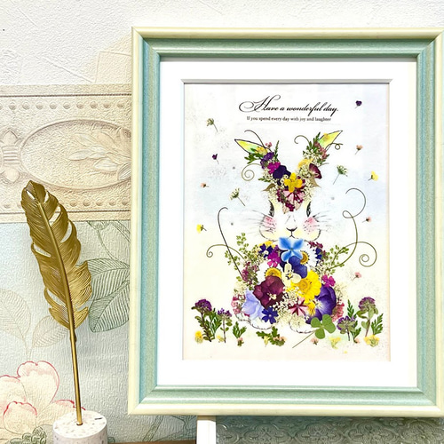 お花うさぎ 押し花インテリアアート額02 グリーンタイプ(受注 お花うさぎ 押し花インテリアアート額02 グリーンタイプ(受注