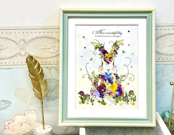 選ぶなら お花うさぎ グリーンタイプ（受注 押し花インテリアアート額02 絵画