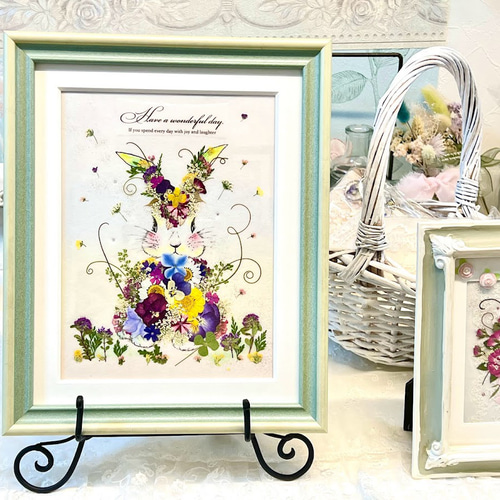 お花うさぎ 押し花インテリアアート額02 グリーンタイプ（受注制作