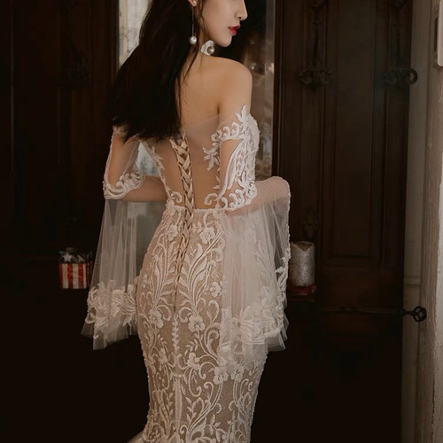 フレア袖 マーメイド オフショルダー ウエディングドレス 二次会