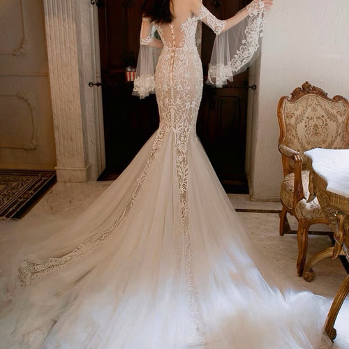 フレア袖 マーメイド オフショルダー ウエディングドレス 二次会