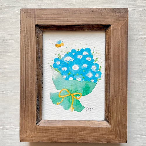透明水彩画「ネモフィラの花束」イラスト ミニ額 プチギフト ミツバチ