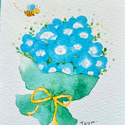 透明水彩画「ネモフィラの花束」2枚セット イラスト ミニ額 花 春 入園