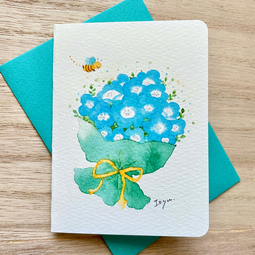 透明水彩画「ネモフィラの花束」2枚セット イラスト ミニ額 花 春 入園