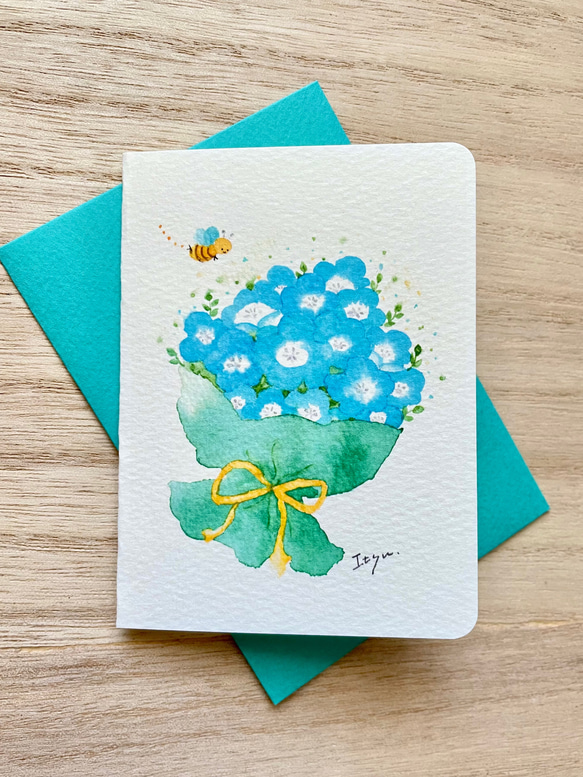 透明水彩画「ネモフィラの花束」2枚セット イラスト ミニ額 花 春 入園