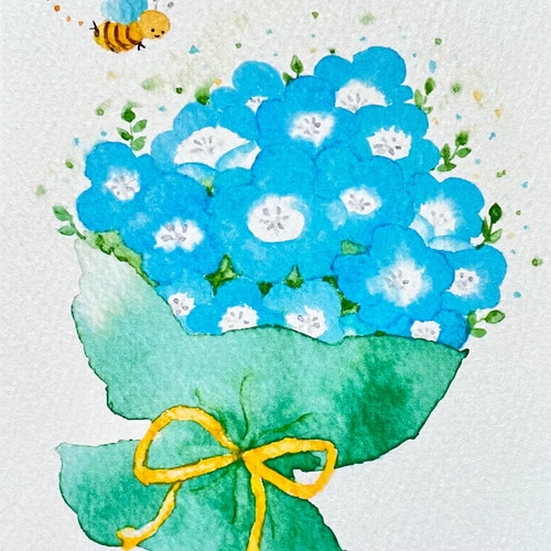 透明水彩画「ネモフィラの花束」3枚セット イラスト ポストカード 花