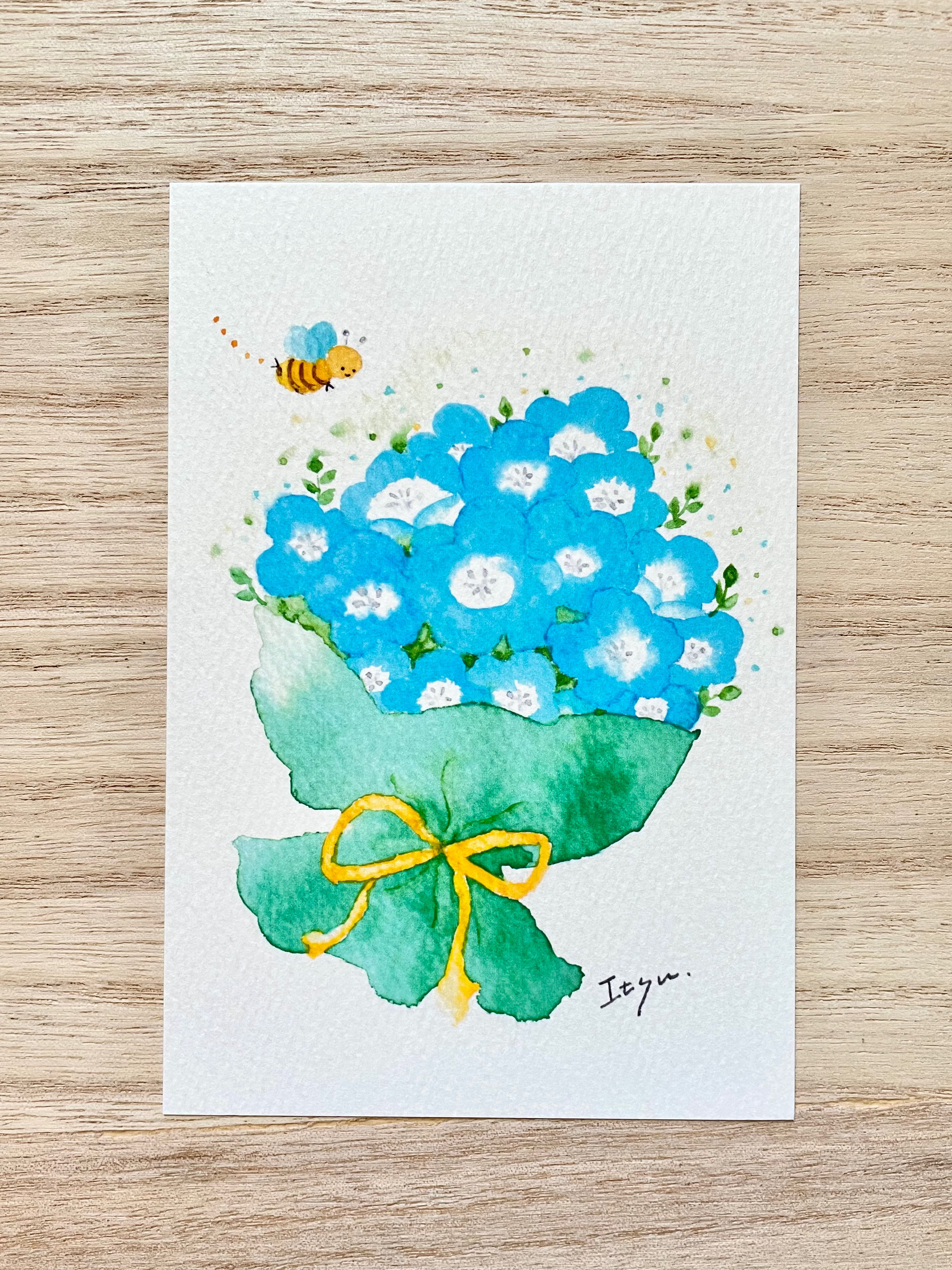 透明水彩画「ネモフィラの花束」3枚セット イラスト ポストカード 花 