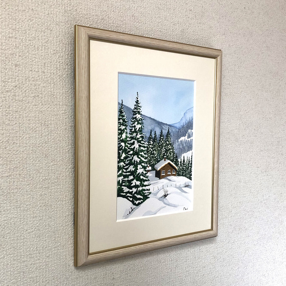 「深雪」透明水彩画　原画　風景画　額縁付　SMサイズ 3枚目の画像