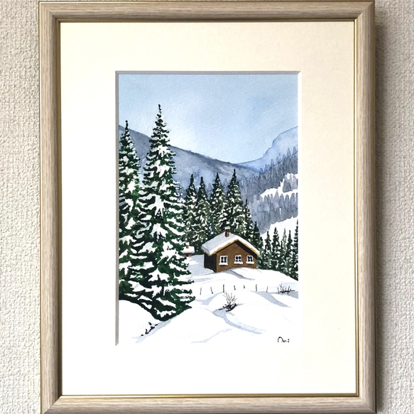 「深雪」透明水彩画　原画　風景画　額縁付　SMサイズ 1枚目の画像