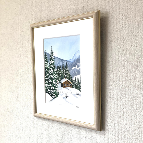 「深雪」透明水彩画　原画　風景画　額縁付　SMサイズ 4枚目の画像