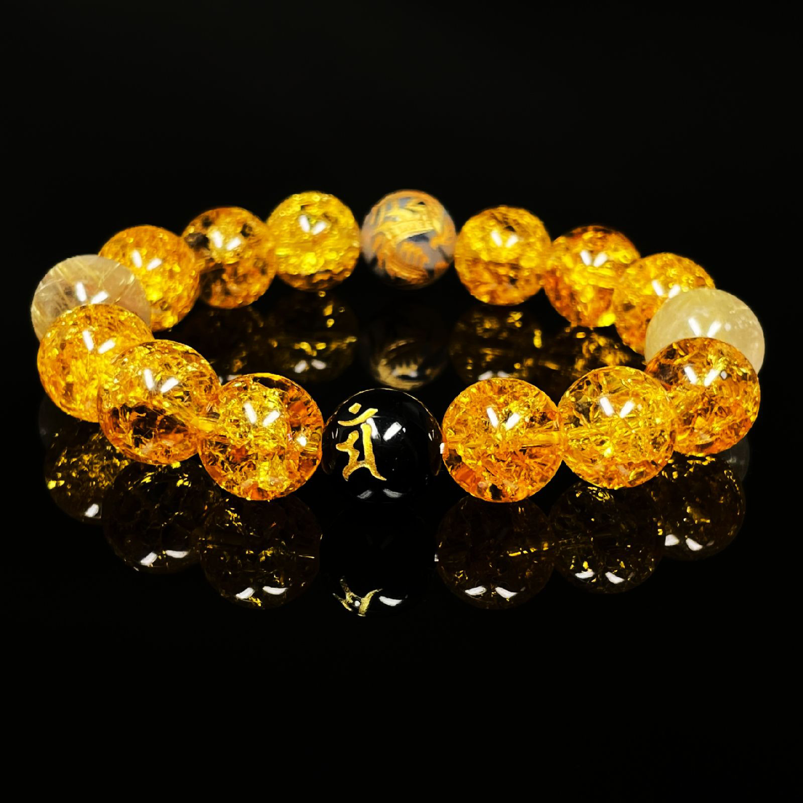 【四緑木星癸卯年/金銭運大飛躍】１２ミリ 梵字オニキス 皇帝龍ドラゴンアゲート シトリンクラック ルチルブレスレット