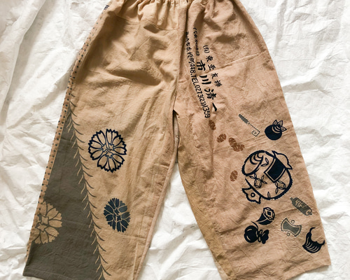 柿渋染め 手ぬぐいリメイク ワイドパンツ ゆったりズボン 打出の小槌
