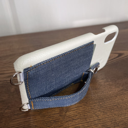 岡山デニム　PVCレザー　ベルト付きスマホケース　ストラップ カードポケット  スタンド スマホショルダー　インディゴ 3枚目の画像