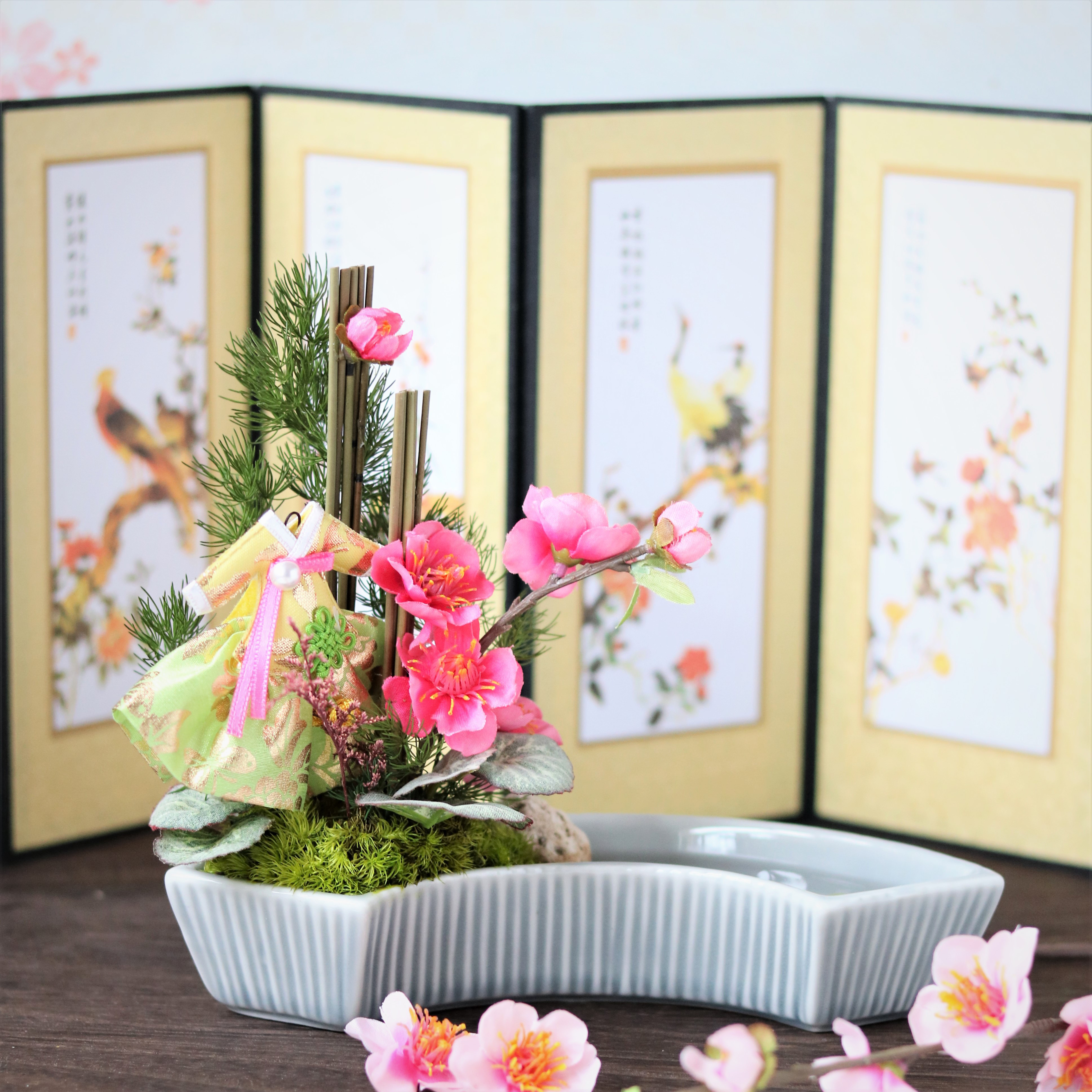 春色桃の花と鯉アレンジ♪おひな様　韓国風盆栽アレンジ！【退職祝い/お誕生日/お祝い/記念日/ご自身用