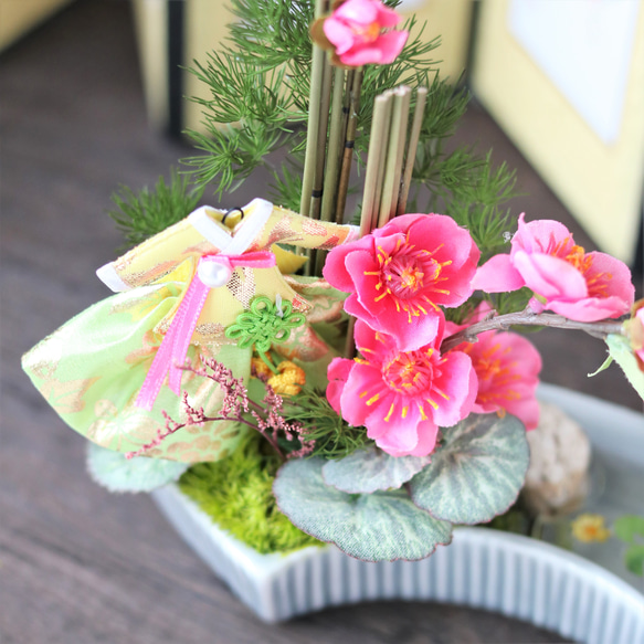 春色桃の花と鯉アレンジ♪おひな様　韓国風盆栽アレンジ！【退職祝い/お誕生日/お祝い/記念日/ご自身用 3枚目の画像