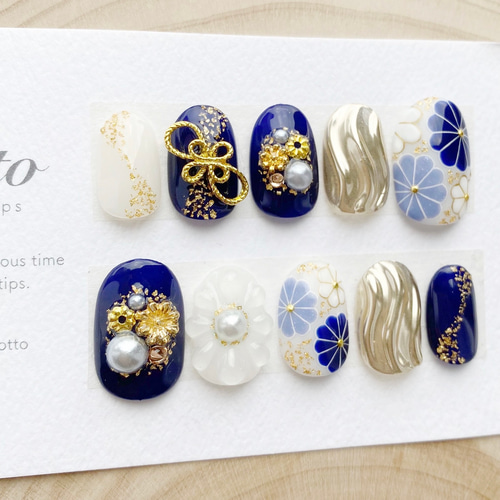 成人式ネイル/青/白/水引/振袖ネイル/和柄ネイル/着物ネイル/白無垢  