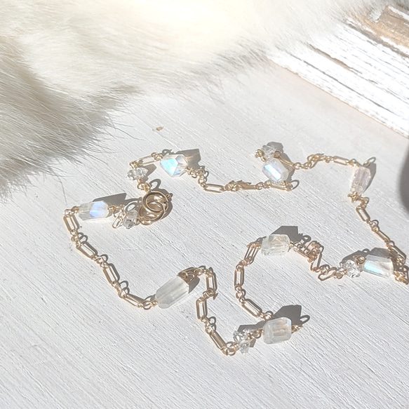 ❁Luna station necklace All 14kgf❁美しい宝石質レインボームーンストーン＆ハーキマーダイヤ 9枚目の画像