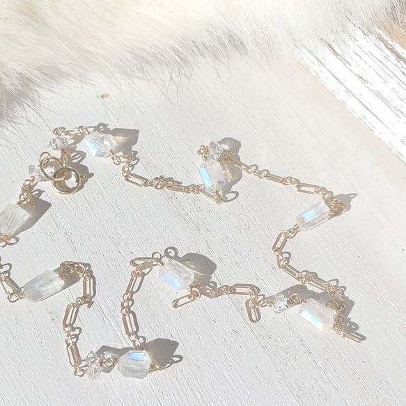 ❁Luna station necklace All 14kgf❁美しい宝石質レインボームーンストーン＆ハーキマーダイヤ 3枚目の画像