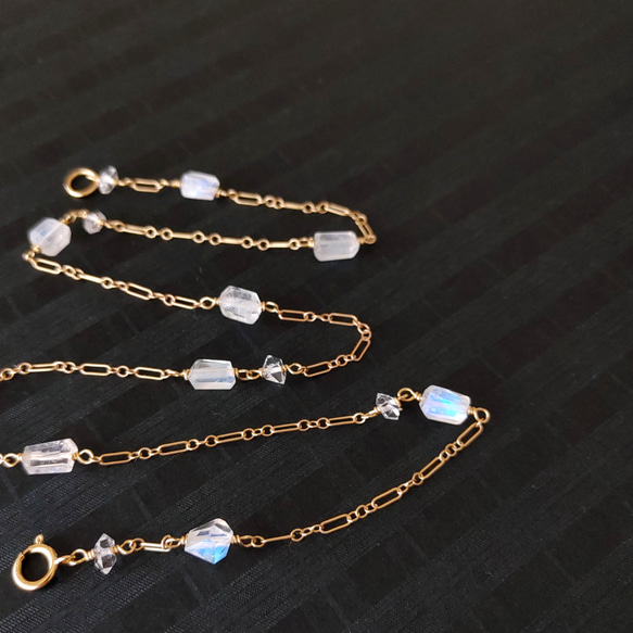 ❁Luna station necklace All 14kgf❁美しい宝石質レインボームーンストーン＆ハーキマーダイヤ 14枚目の画像