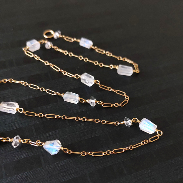 ❁Luna station necklace All 14kgf❁美しい宝石質レインボームーンストーン＆ハーキマーダイヤ 12枚目の画像