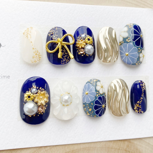 成人式ネイル/青/リボン/振袖ネイル/和柄ネイル/着物ネイル/白無垢  