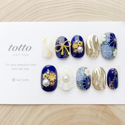 成人式ネイル/青/白/水引/振袖ネイル/和柄ネイル/着物ネイル/白無垢  