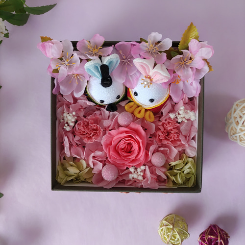 ちりめんウサギ お雛様 ひな祭り つまみ細工 うさぎ雛 桜 薔薇