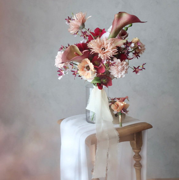 ガーベラとカラーのウェディングブーケ・ブートニア/アーティフィシャルフラワー/造花ブーケ        Ω 人気・おすすめ｜安定人気・収納便利におすすめ 期間限定割引 配送追跡可 国内発送・短納期対応