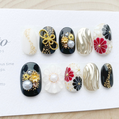 期間限定割引】人気No.1シリーズ 成人式ネイル/黒/白/水引/リボン/振袖