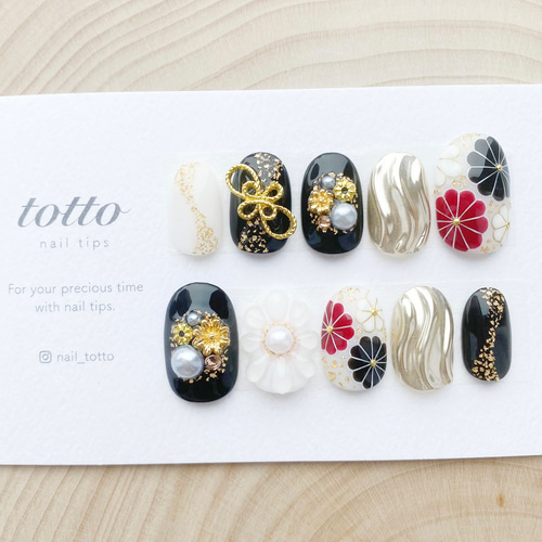 成人式ネイル/黒/白/水引/振袖ネイル/和柄ネイル/着物ネイル/白無垢  