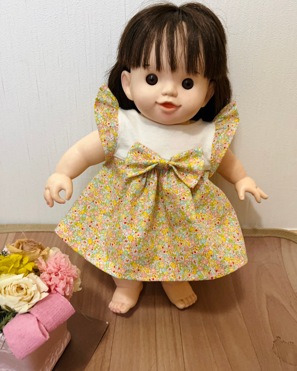 ぽぽちゃん服　小花柄フリルワンピース(イエロー) 1枚目の画像