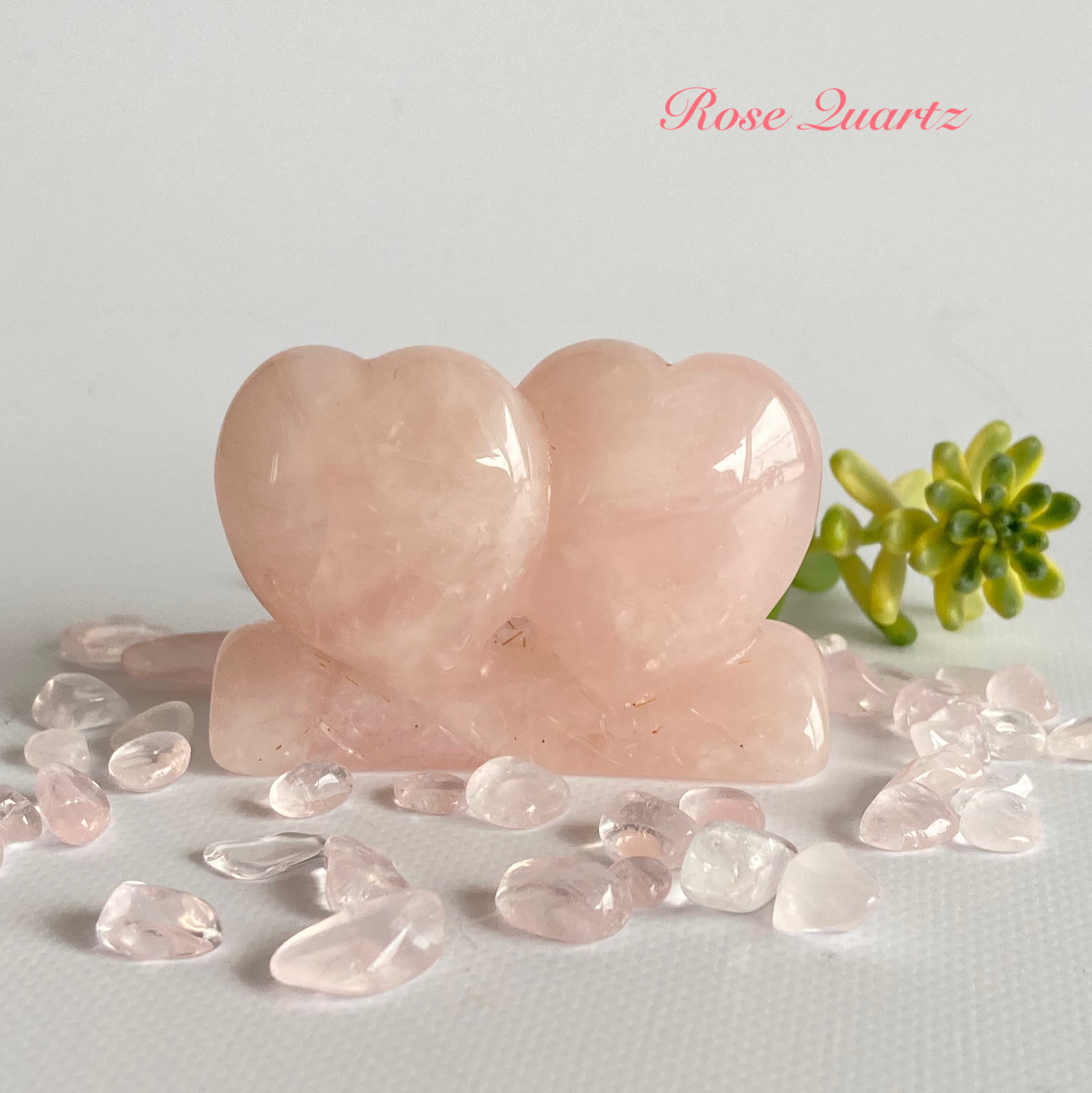 ローズクォーツ ツインハート 天然石 彫刻置石 インテリアストーン  