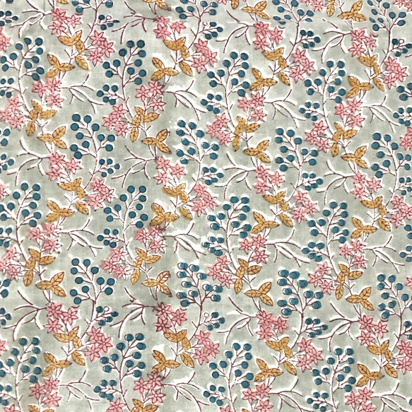 [50cm單位]灰藍色水果粉紅色花朵印度手工塊印花布料紡織棉 第3張的照片