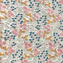 [50cm單位]灰藍色水果粉紅色花朵印度手工塊印花布料紡織棉 第2張的照片