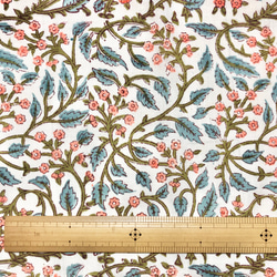 【50cm單位】白粉紅花藍葉印度手工塊印花布料棉質 第6張的照片