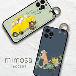 名入れ無料＊16color＊ミモザとにゃんこ＊ほぼ全機種対応 ベルト付きスマホケース【mimosa】 1枚目の画像