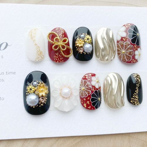 成人式ネイル/黒/赤/水引/振袖ネイル/和柄ネイル/着物ネイル/白無垢  