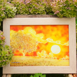 透明水彩画 原画 「ひまわり・幸せの丘」額縁付 F10サイズ 風景画