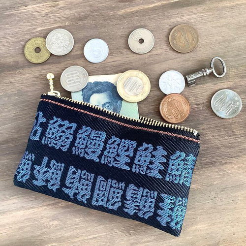 魚の漢字】畳縁 ぺたんこ ミニポーチ 小銭入れ 青 和風 釣り 名刺入れ