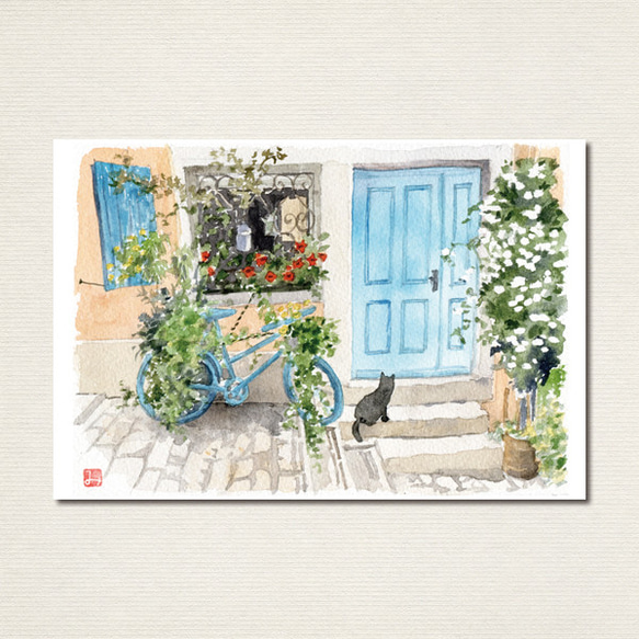 【猫のいる風景】水彩画ポストカード9枚＋ミニ額セット 2枚目の画像