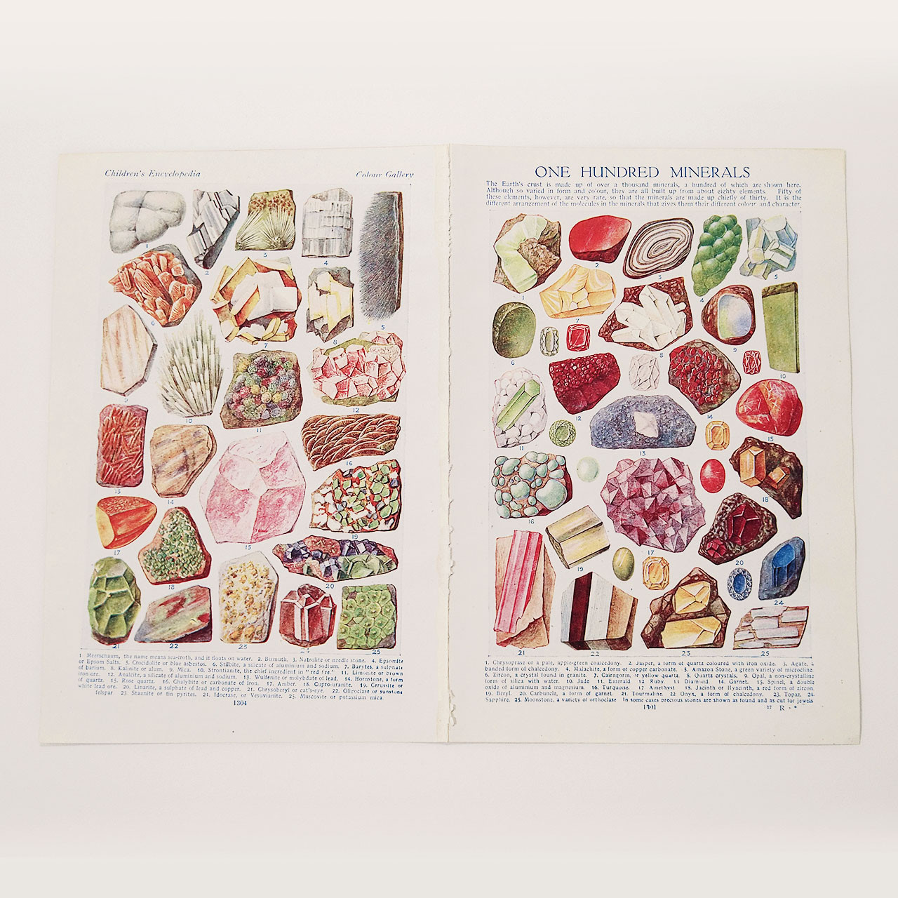 1920年代ヴィンテージ 両面 鉱物図版 100種類の鉱物 手描きイラスト標本 イギリス発行 01958