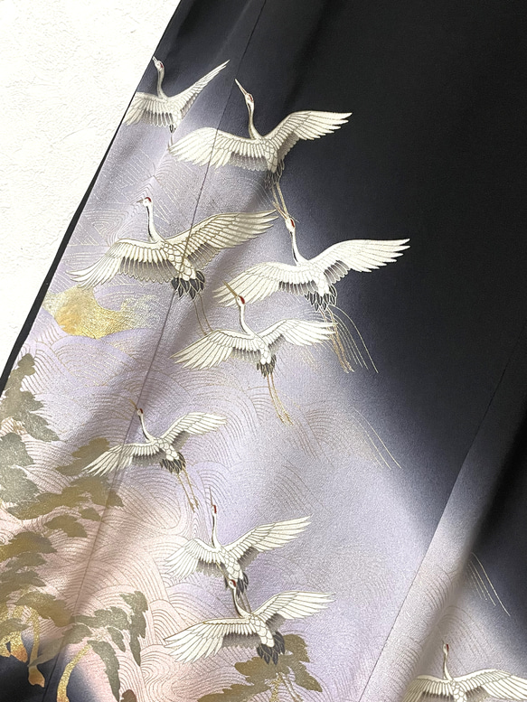 送料無料 着物 リメイク 留袖 鶴 正絹 大きめ シルク ロングドレス 華やか ハンドメイド 4枚目の画像