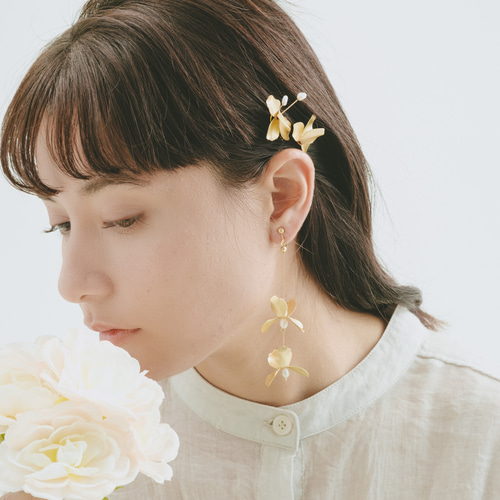 ゴールドの花冠とイヤリングセット matt gold double マットゴールド フラワー ピアス イヤリング