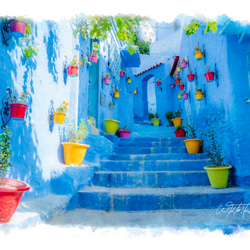 【送料無料】絵画調写真作品「モロッコ - シェフシャウエンの青い街」 1枚目の画像